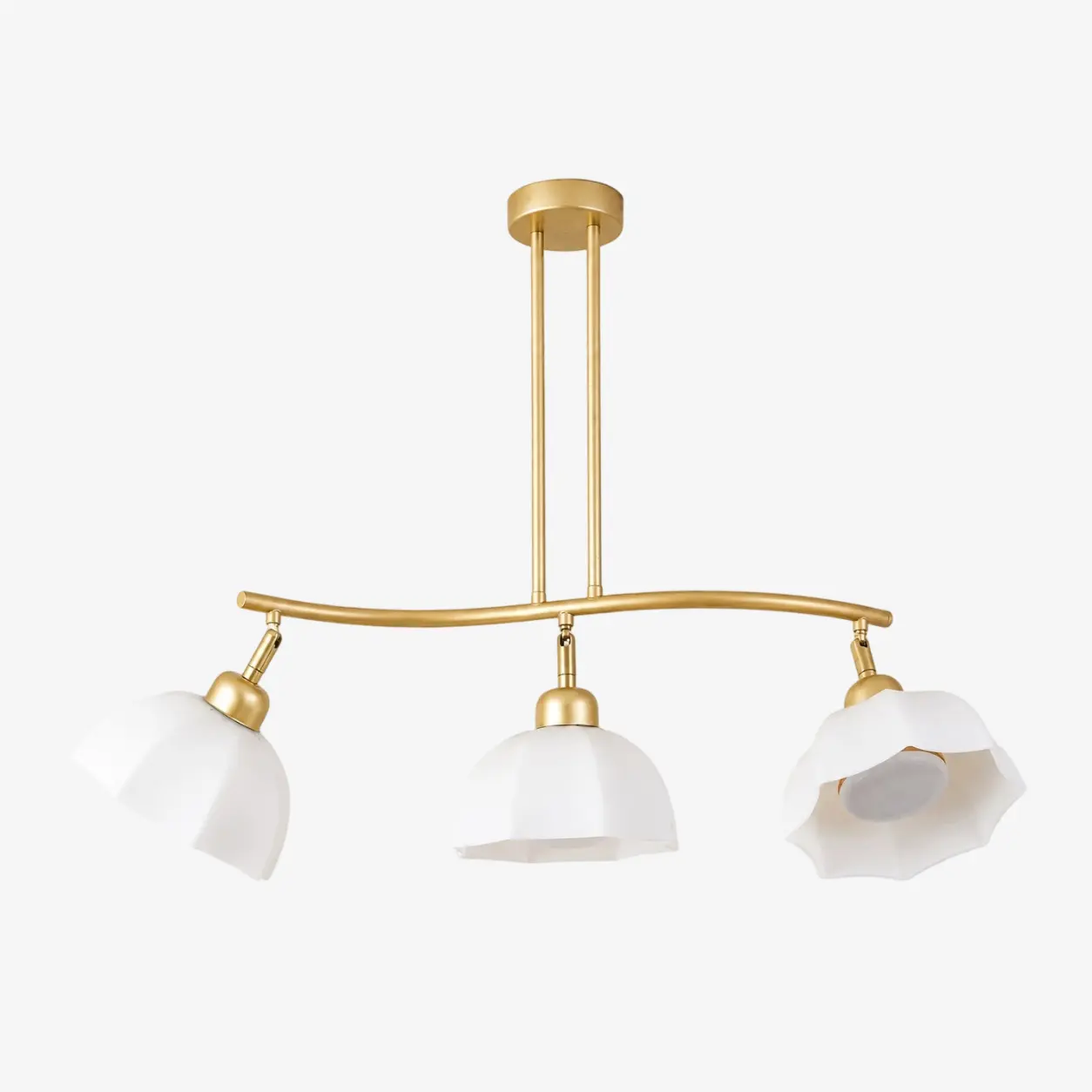 Three-light chandelier with white glass shades and a gold metal frame