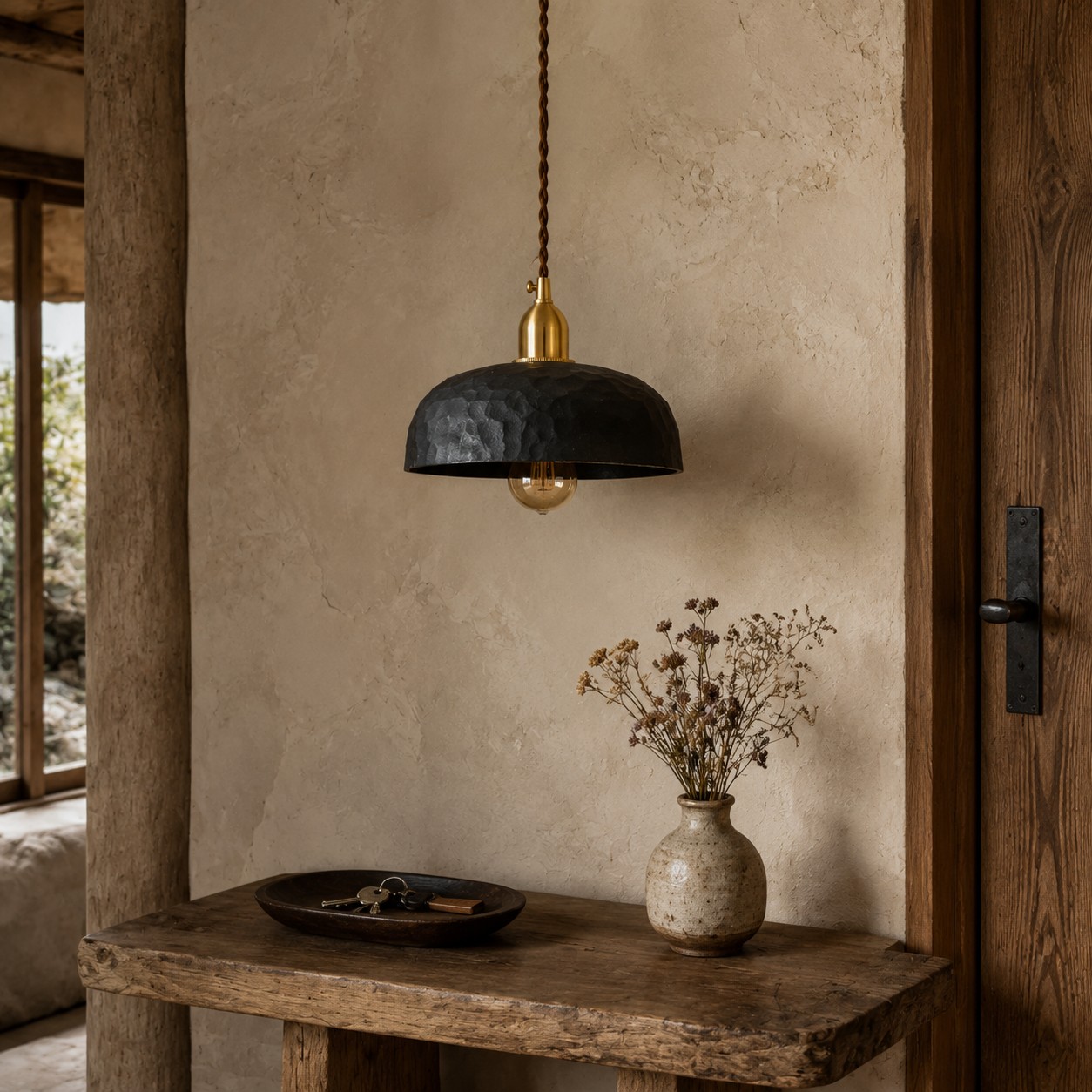 Hand-carved Wabi-Sabi wood pendant lamp