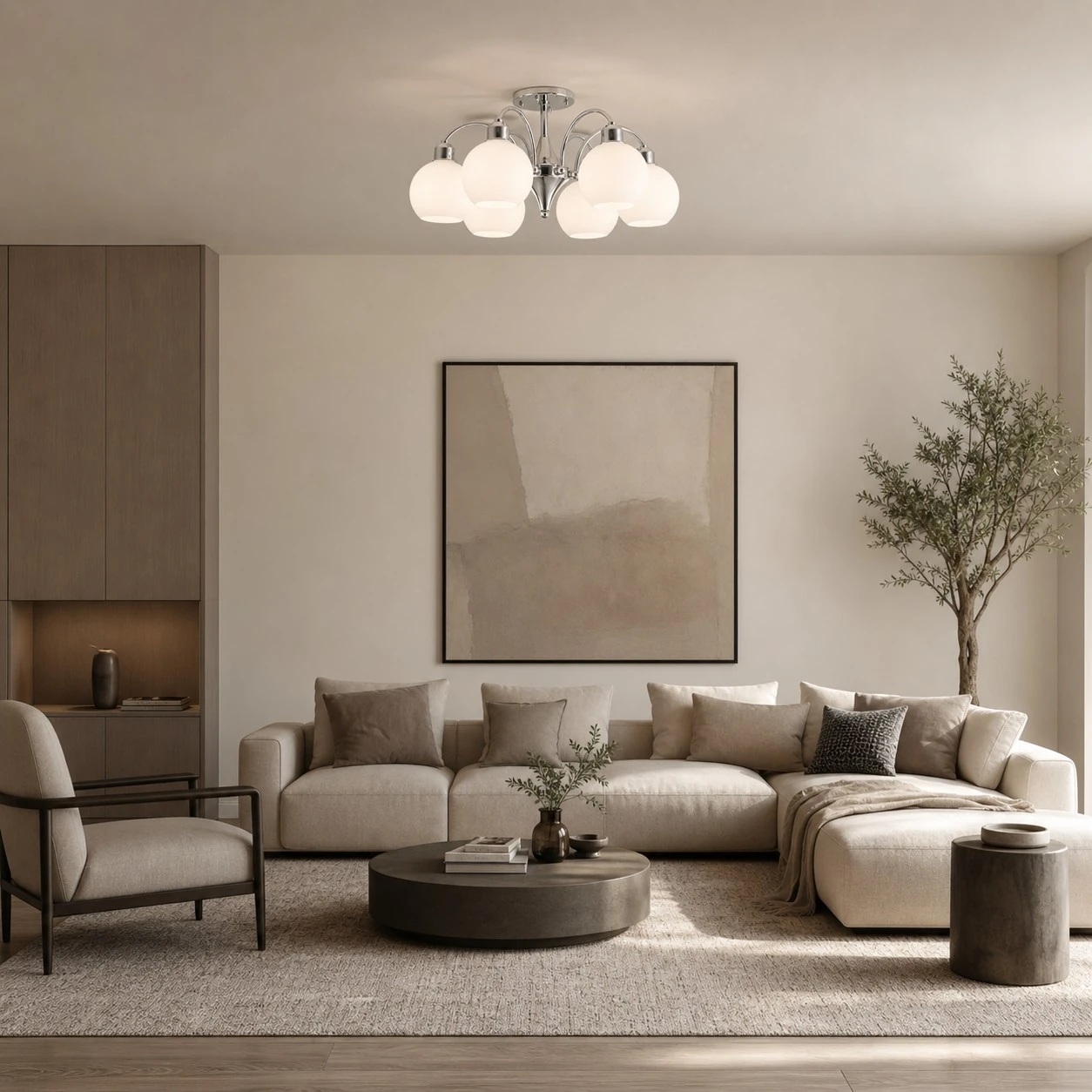 Glass globe chandelier in a neutral living room