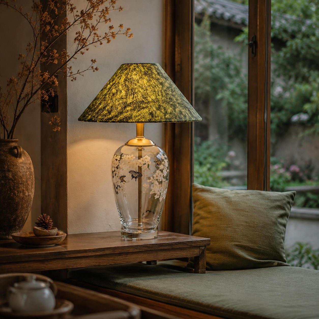 Floral glass table lamp in a calm lounge corner