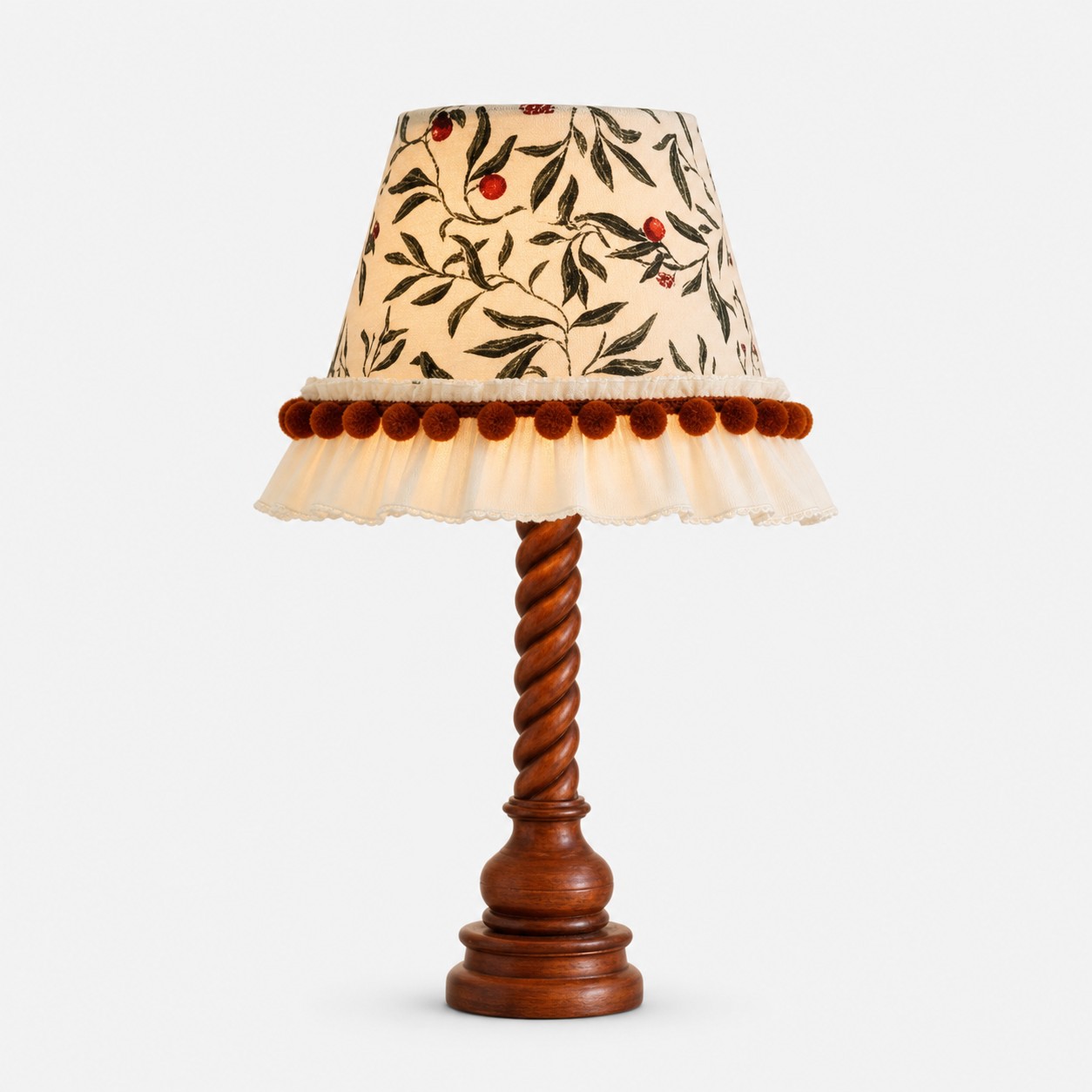 Chestnut brown twist wood table lamp with botanical fabric shade