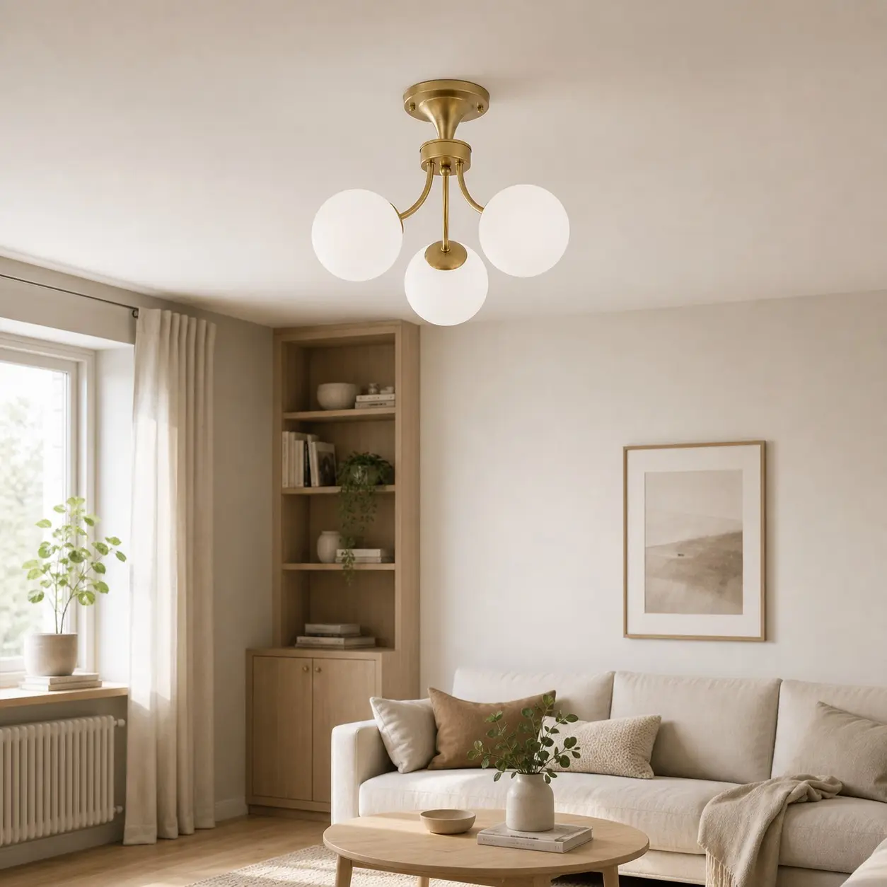 Gold globe ceiling light installed in a living room
