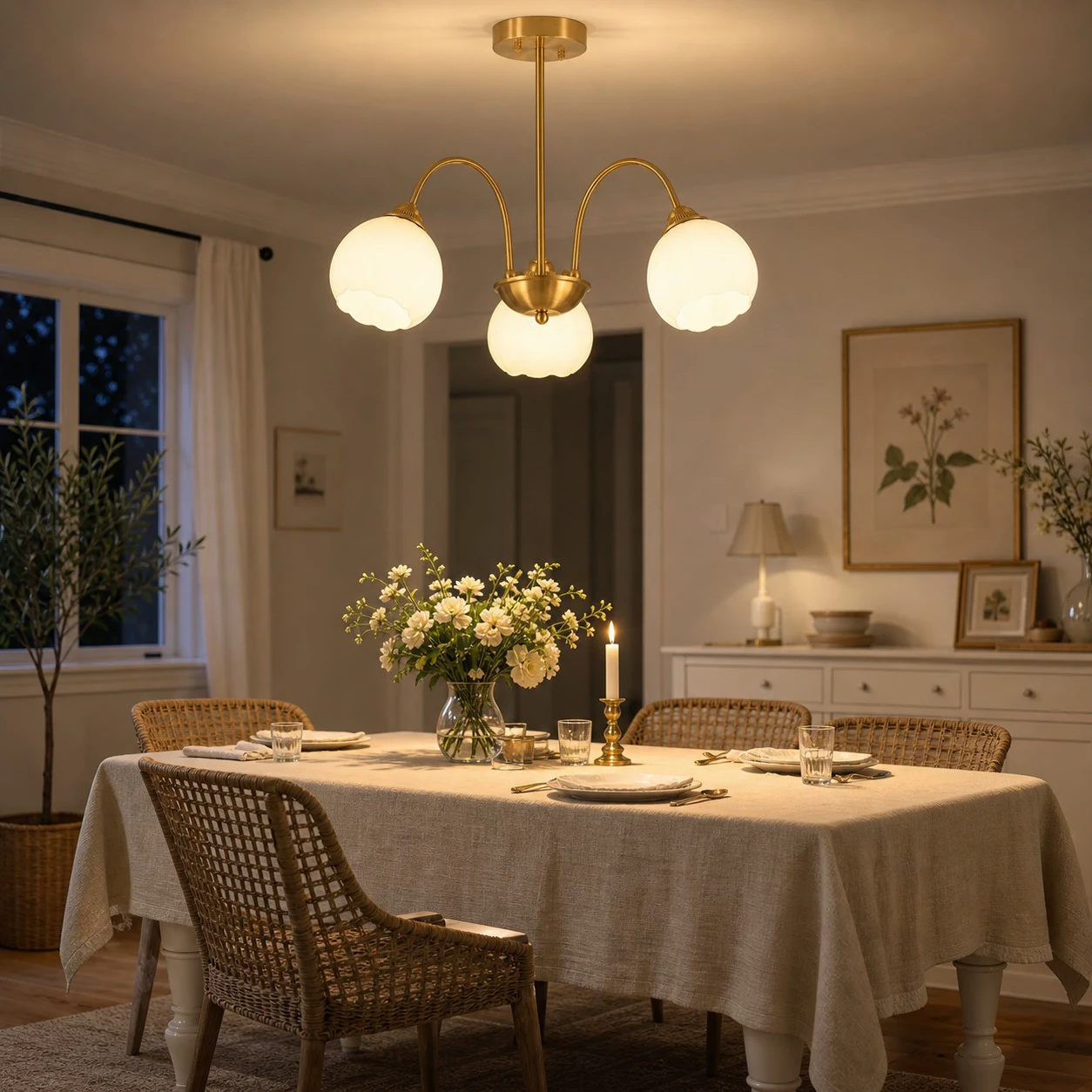 Three-arm chandelier in a dining room