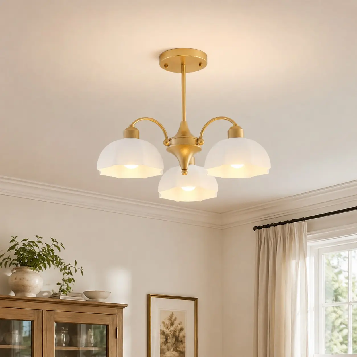 Milk glass chandelier in a bright traditional room