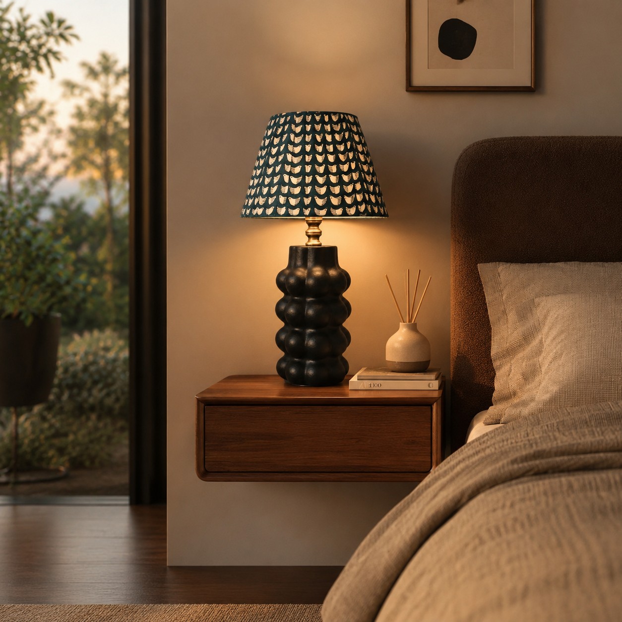 Sculptural ceramic table lamp on a bedroom nightstand