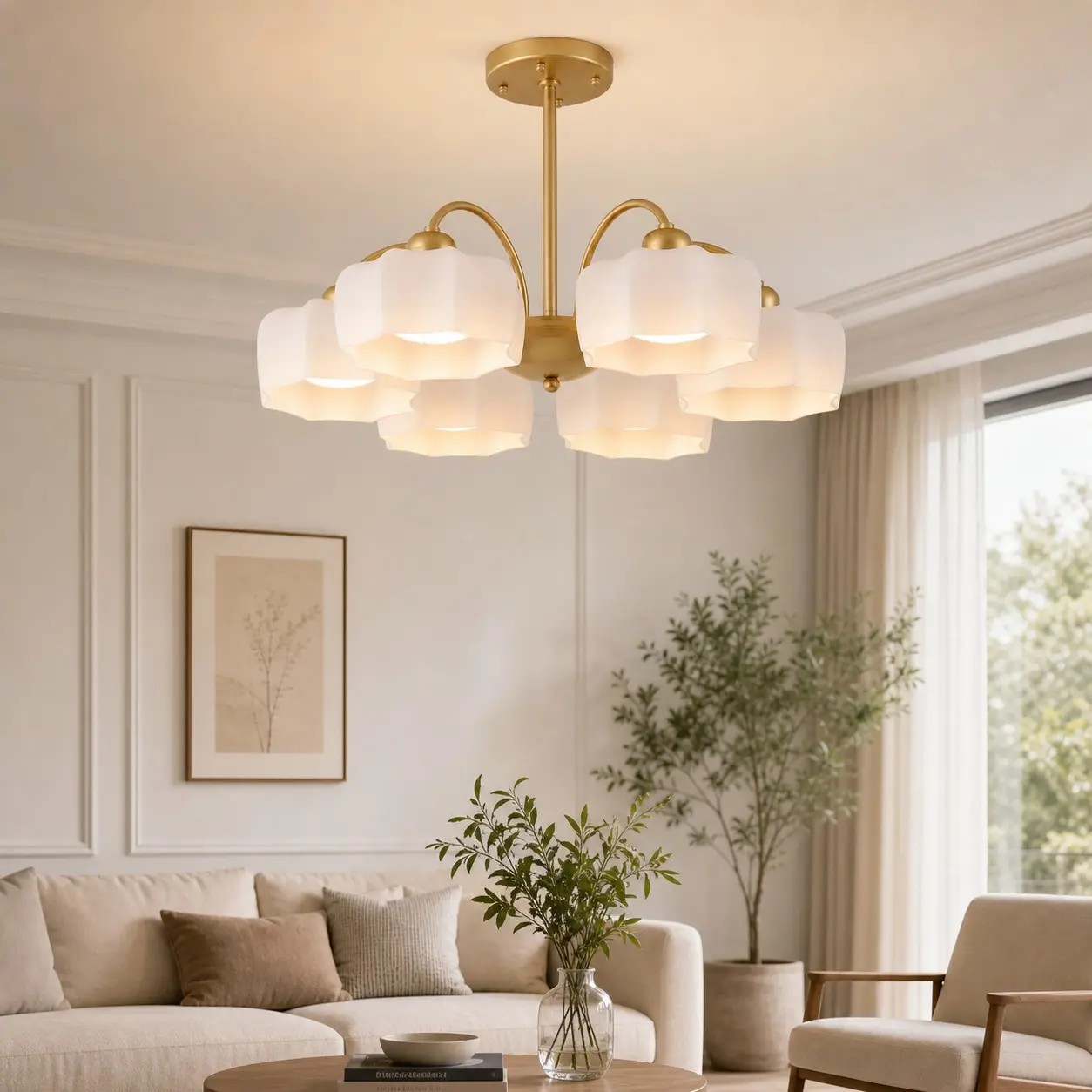 6-light gold chandelier installed in a bright living room