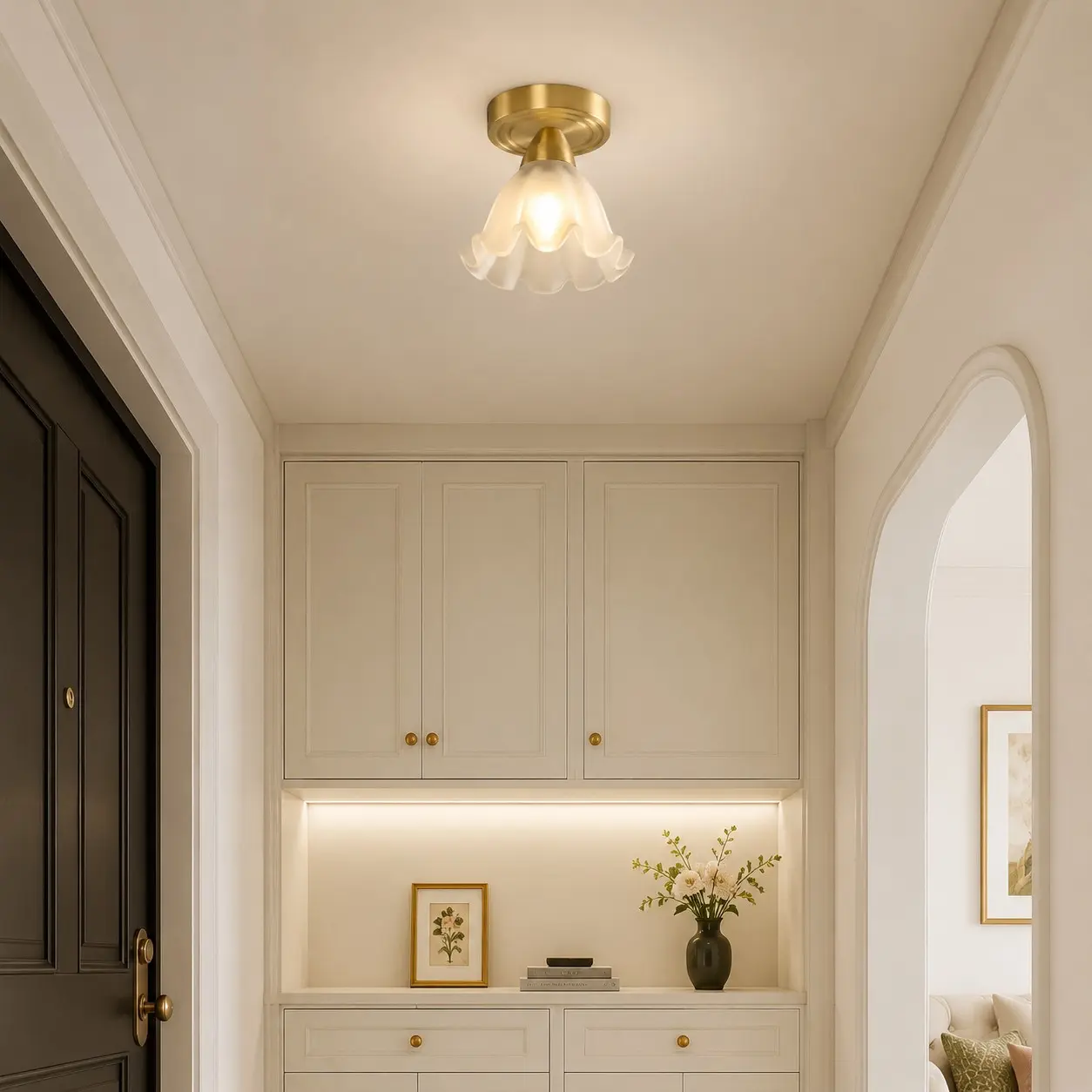 Compact floral ceiling light illuminating a hallway