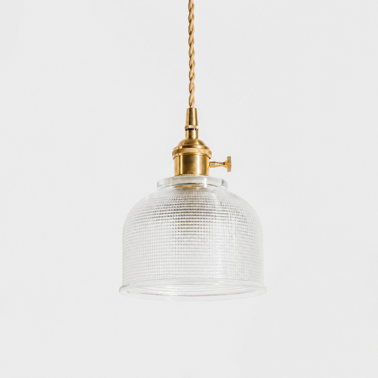 Style C textured glass shade with antique brass E27 socket, front view