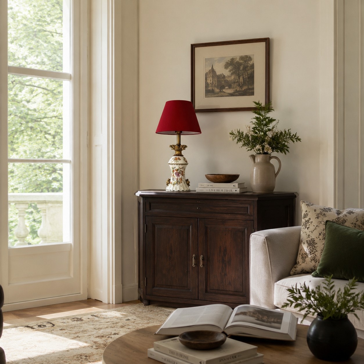 Red ceramic table lamp on a side cabinet