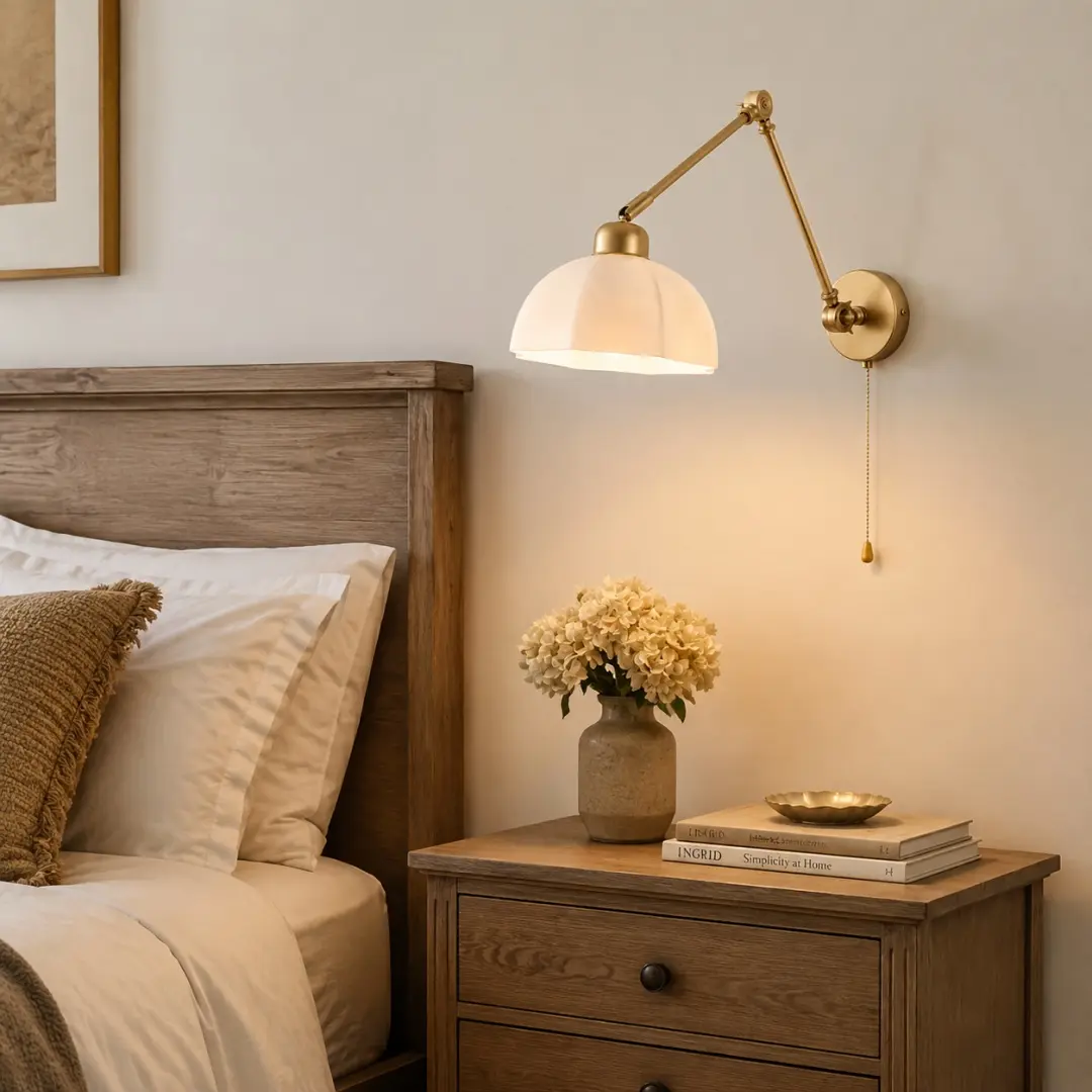 Gold wall lamp in a warm bedside setting