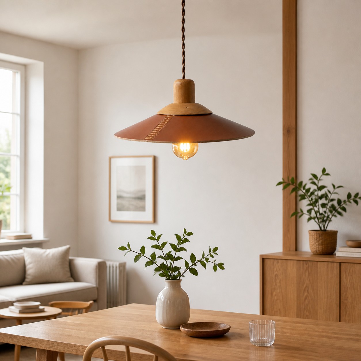 Brown leather pendant above a bright dining table
