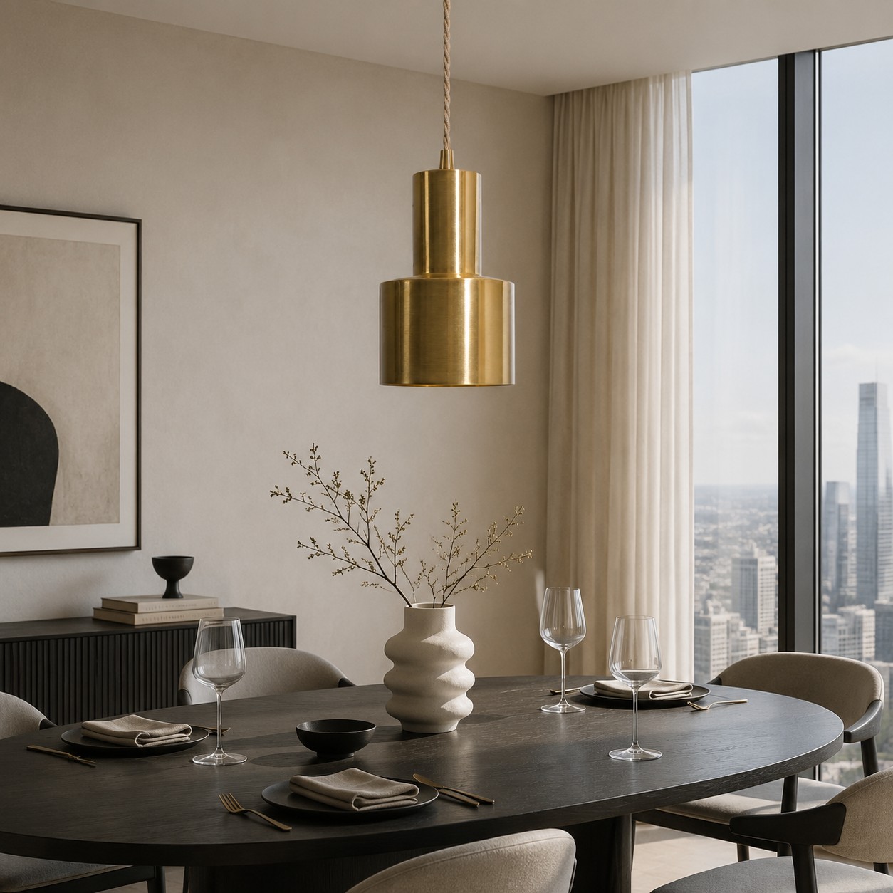 Vintage brass pendant lamp above a modern dining table