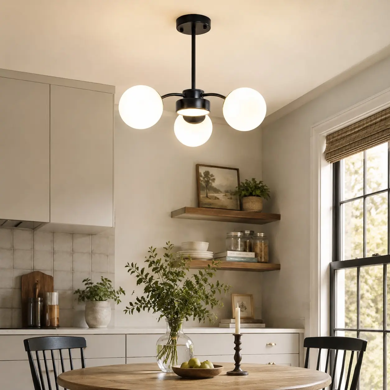 Black milk glass chandelier in a bright kitchen