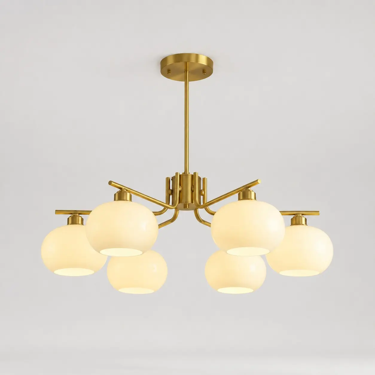 Solid brass gold six-light milk glass chandelier