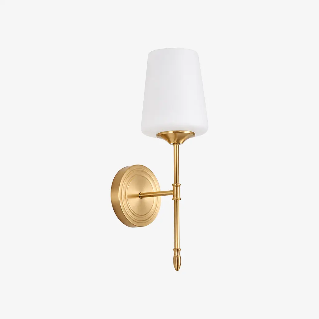 One-head vintage brass wall light, Style C with opal glass shade