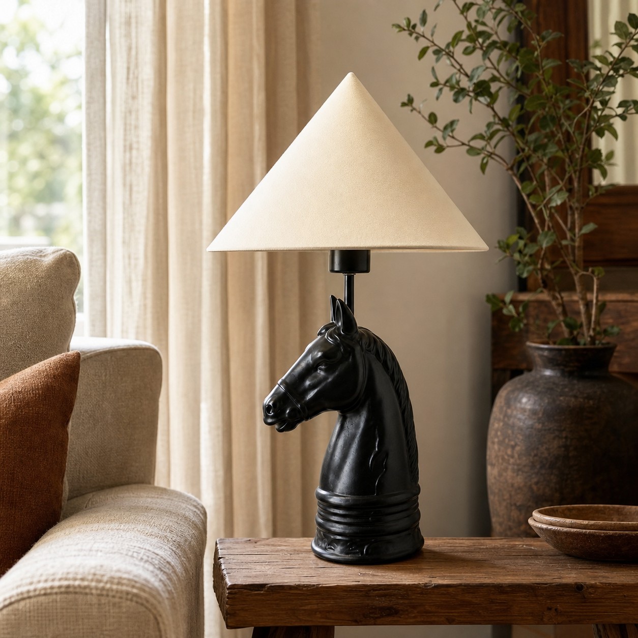Black cone horse head table lamp in living room