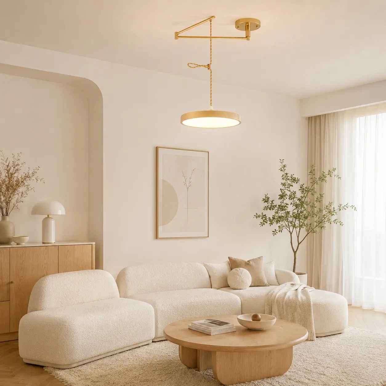 Gold movable pendant light in a neutral living room