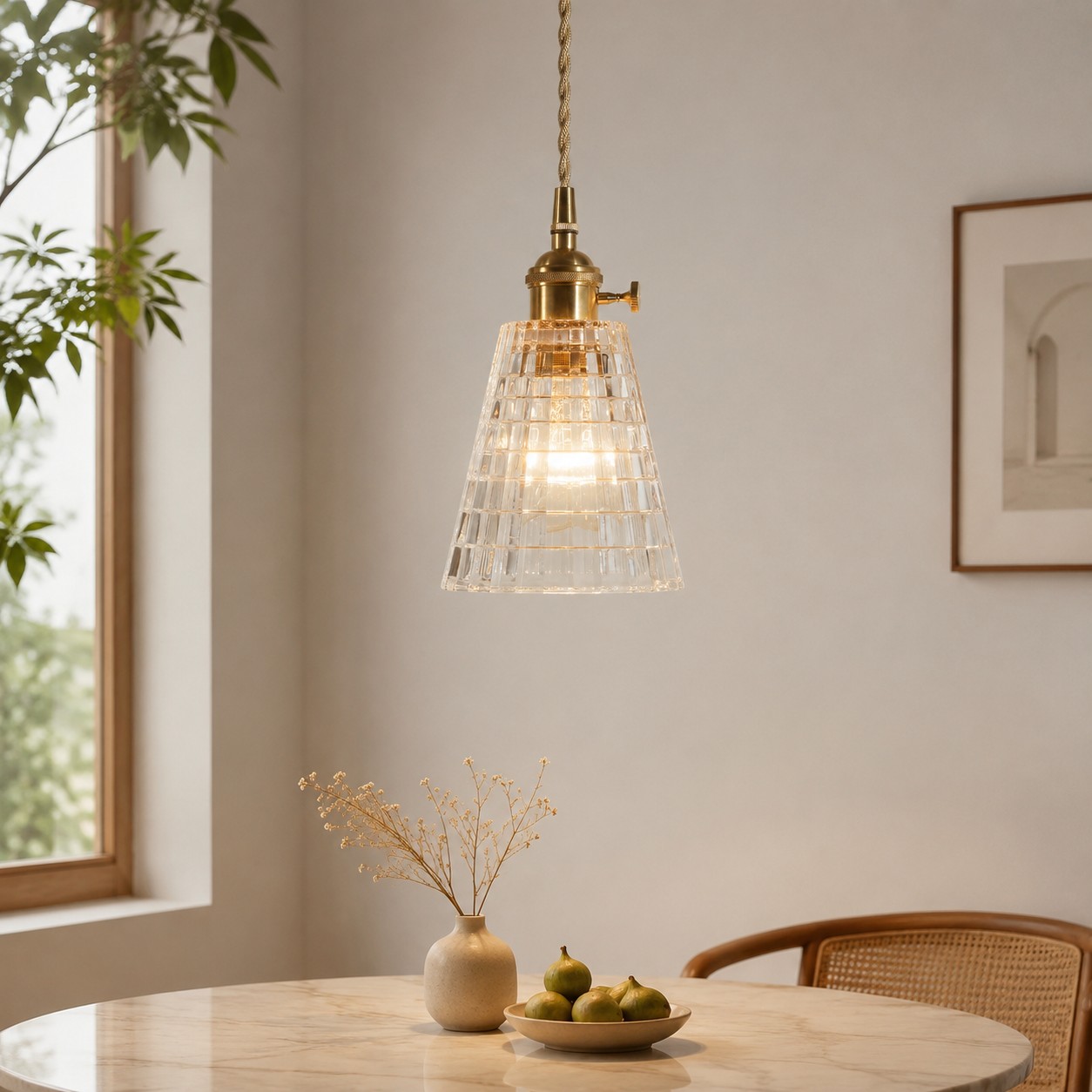 Style E geometric glass pendant above a wooden dining table