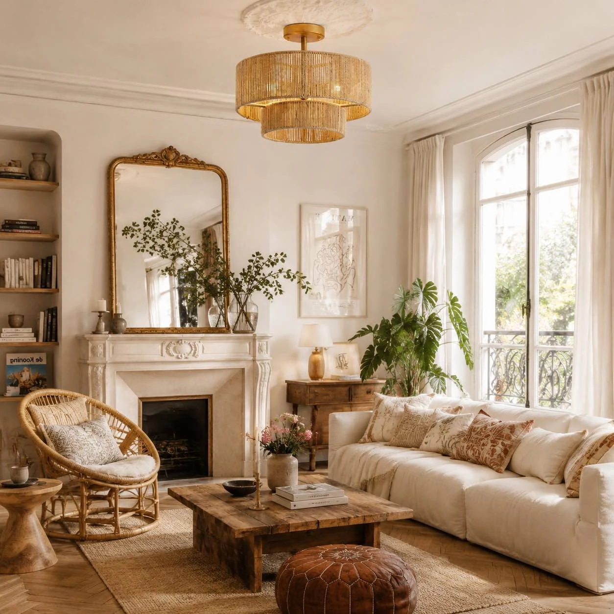 Rattan ceiling light in a living room