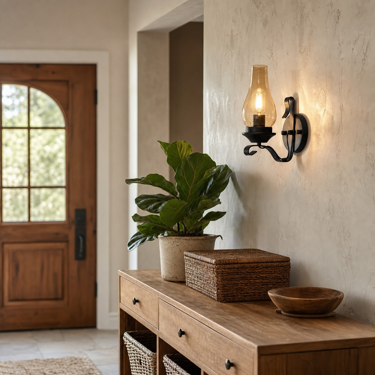 Industrial wall lamp glowing beside an entry console