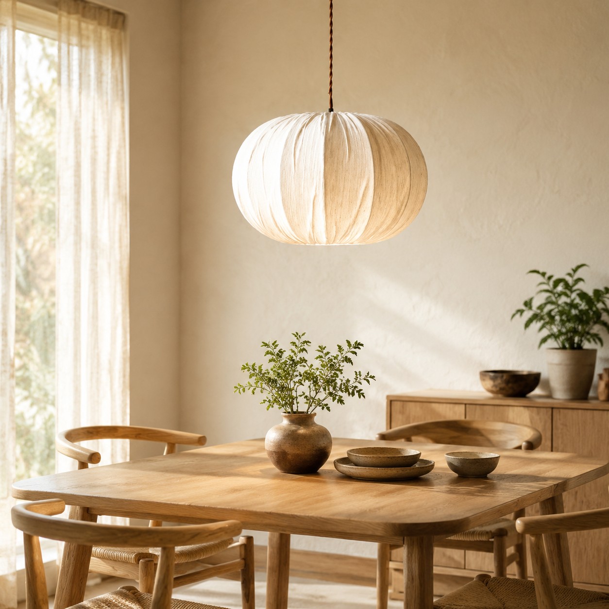 Oatmeal fabric globe pendant light above a dining table