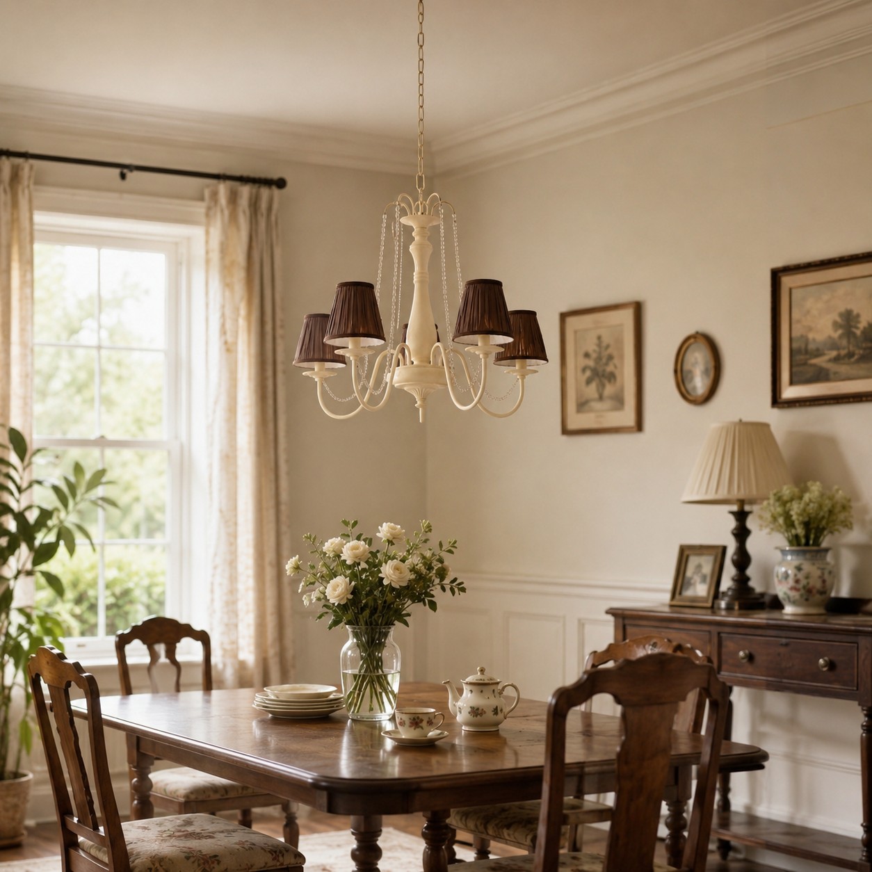 Cream and brown chandelier hanging above a rectangular dining table