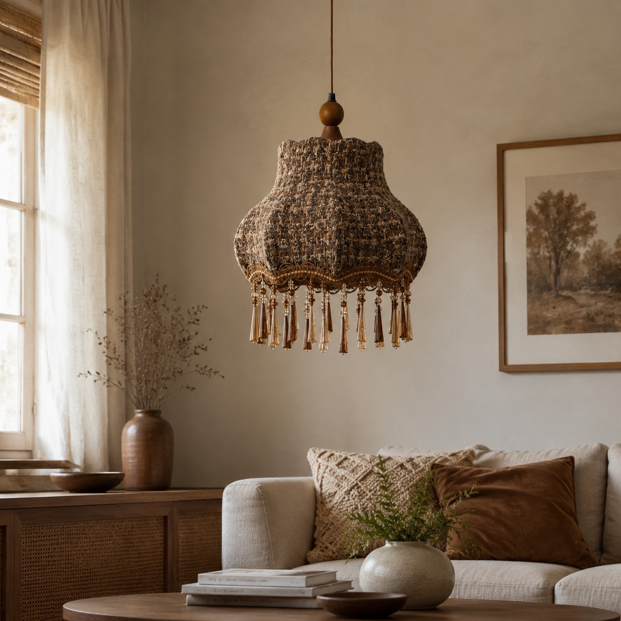 Fabric pendant lamp sofa scene