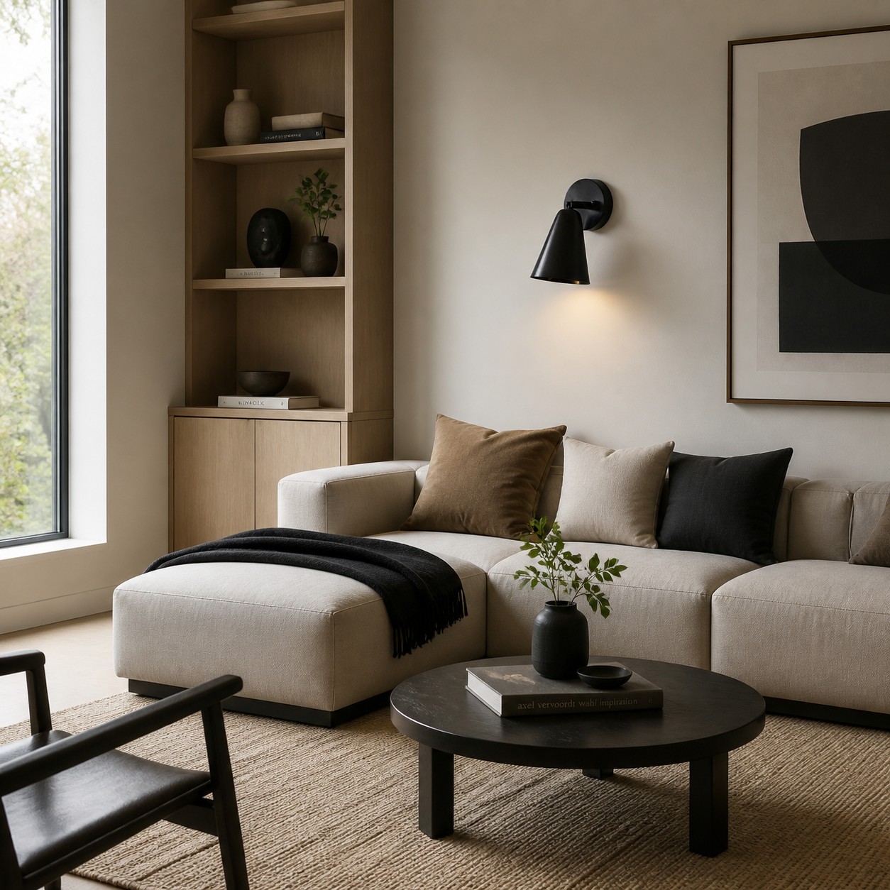 Black cone wall sconce installed above a sofa