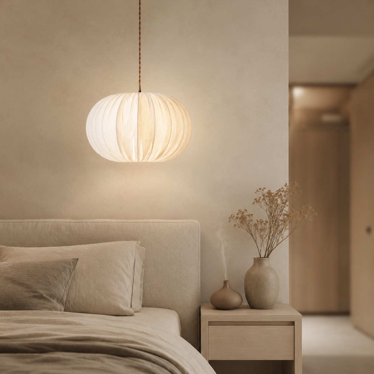 Oatmeal fabric globe pendant light in a calm bedroom