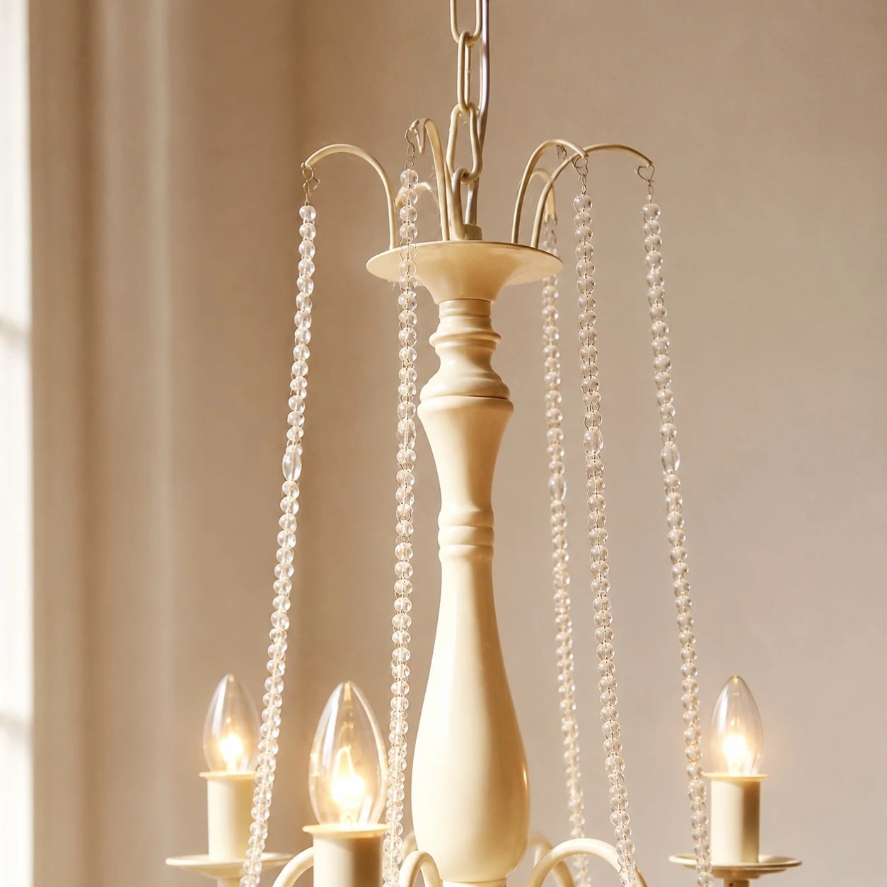 Vintage crystal chandelier chain and upper metal structure detail
