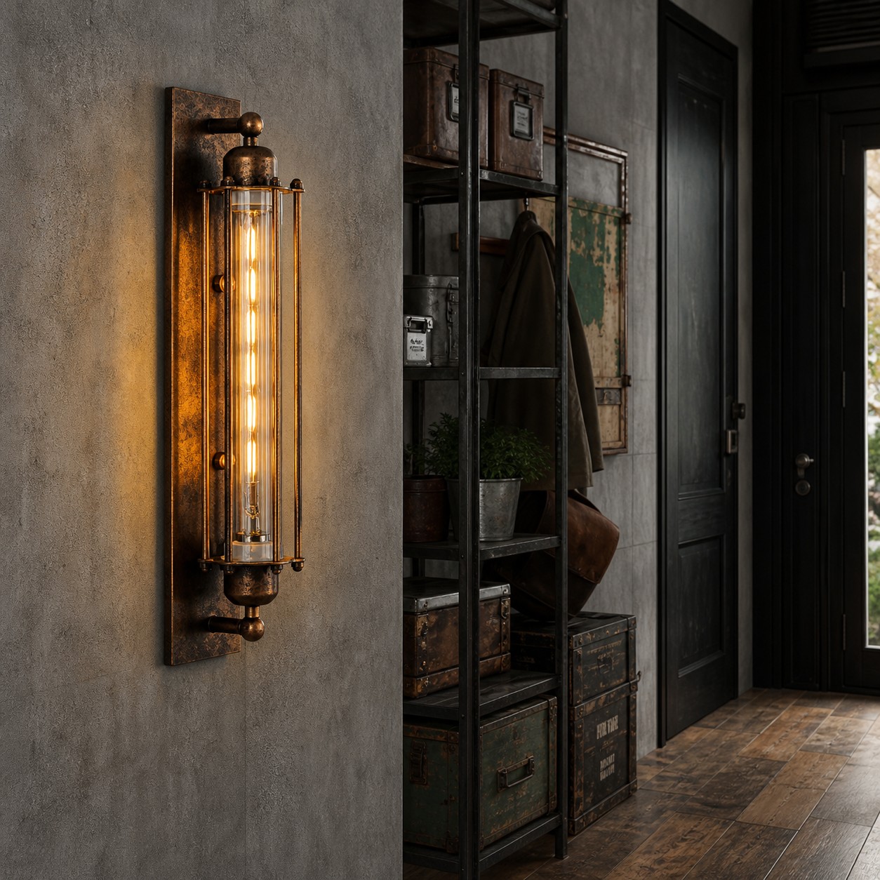 Antique brass tube wall sconce in a loft hallway