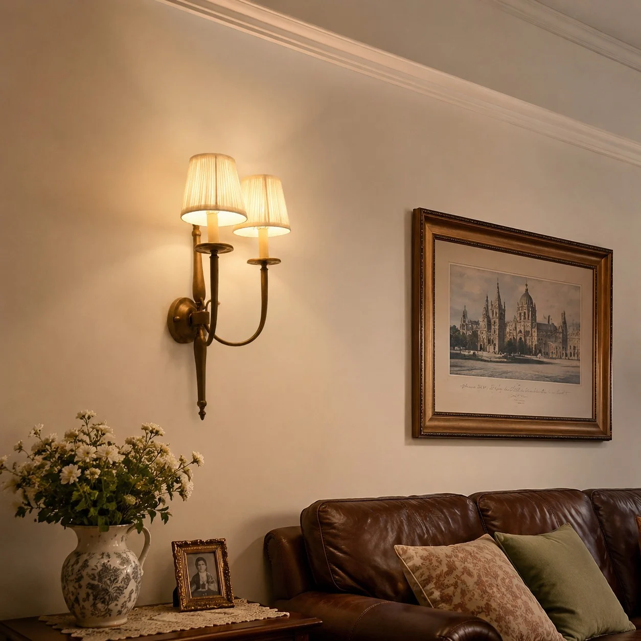 Antique brass wall sconce in a classic living room