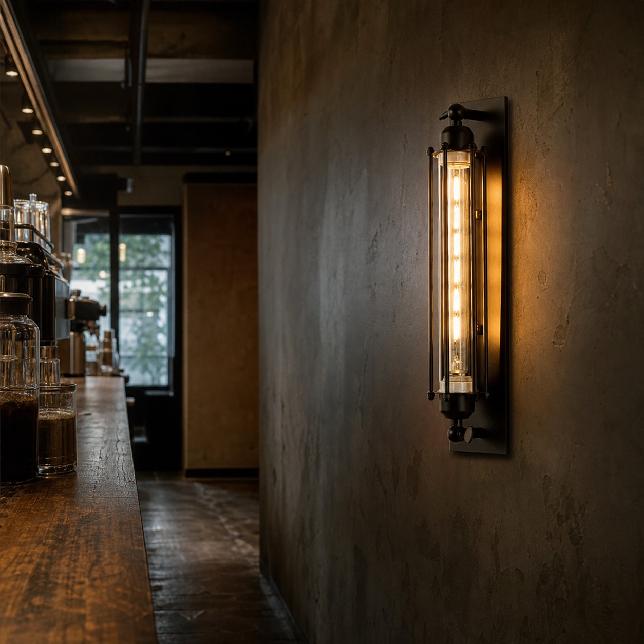 Industrial tube wall sconce installed on a corridor wall