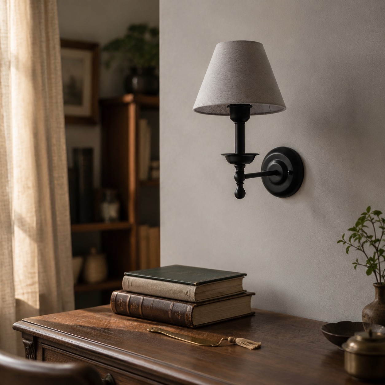 Vintage fabric shade wall sconce above a side table