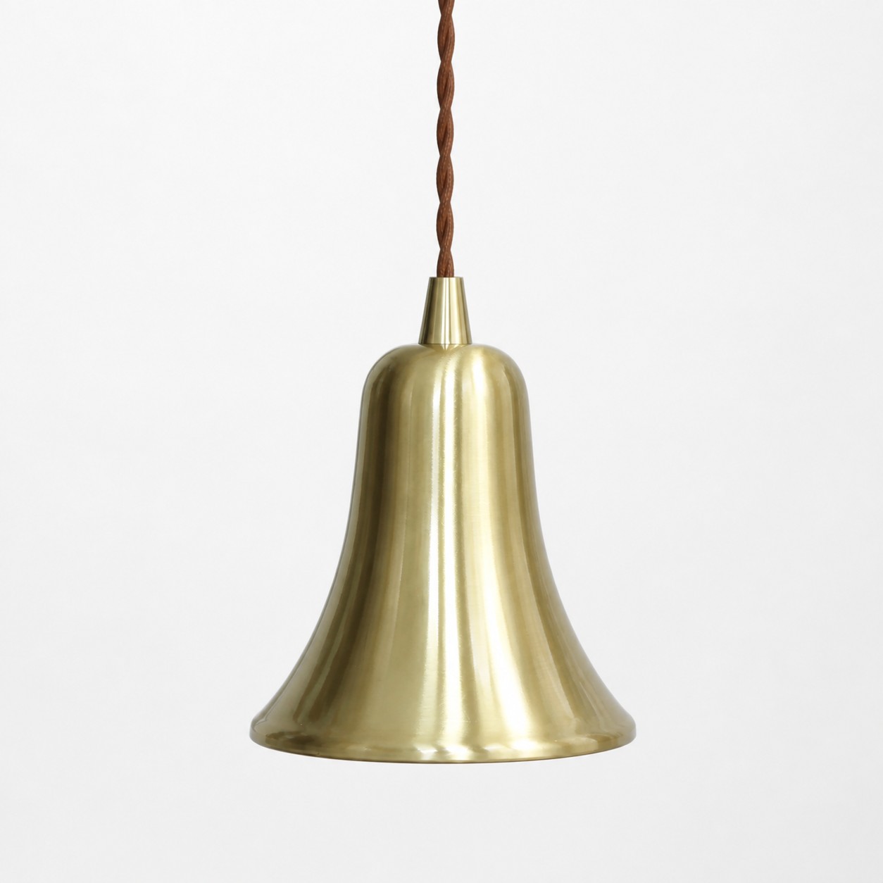 Bell-shaped natural brass mini pendant light on a white background