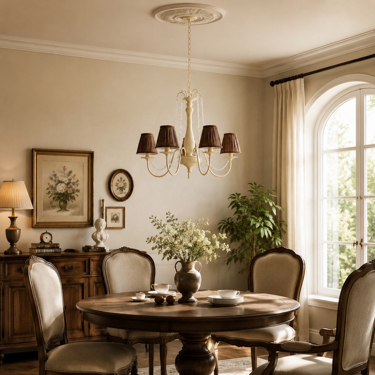 Brown-shade chandelier suspended in a warm traditional dining room