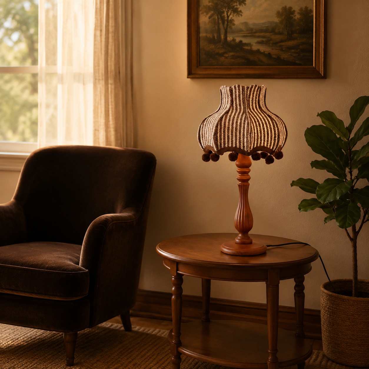Vintage striped fabric table lamp beside a lounge chair