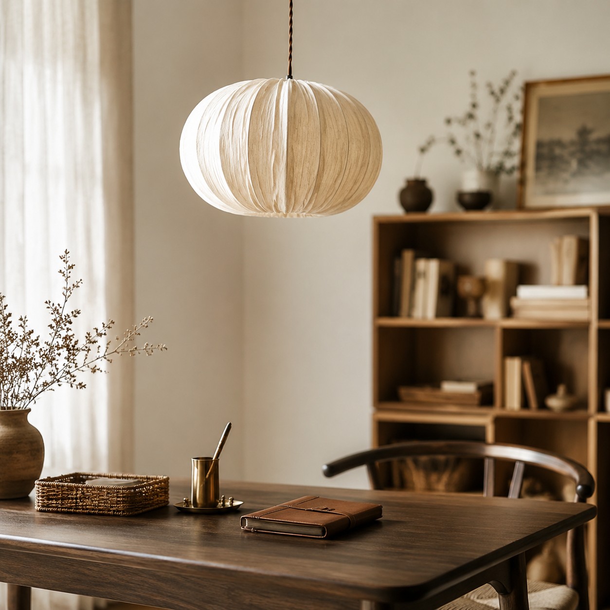 Oatmeal fabric globe pendant light above a wooden desk