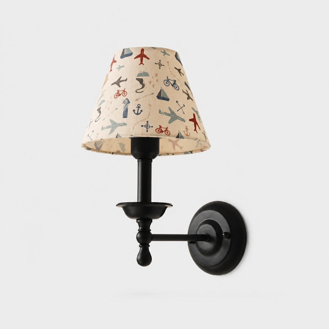 Conical shade wall sconce with wrought iron lamp stand in color illustration shade