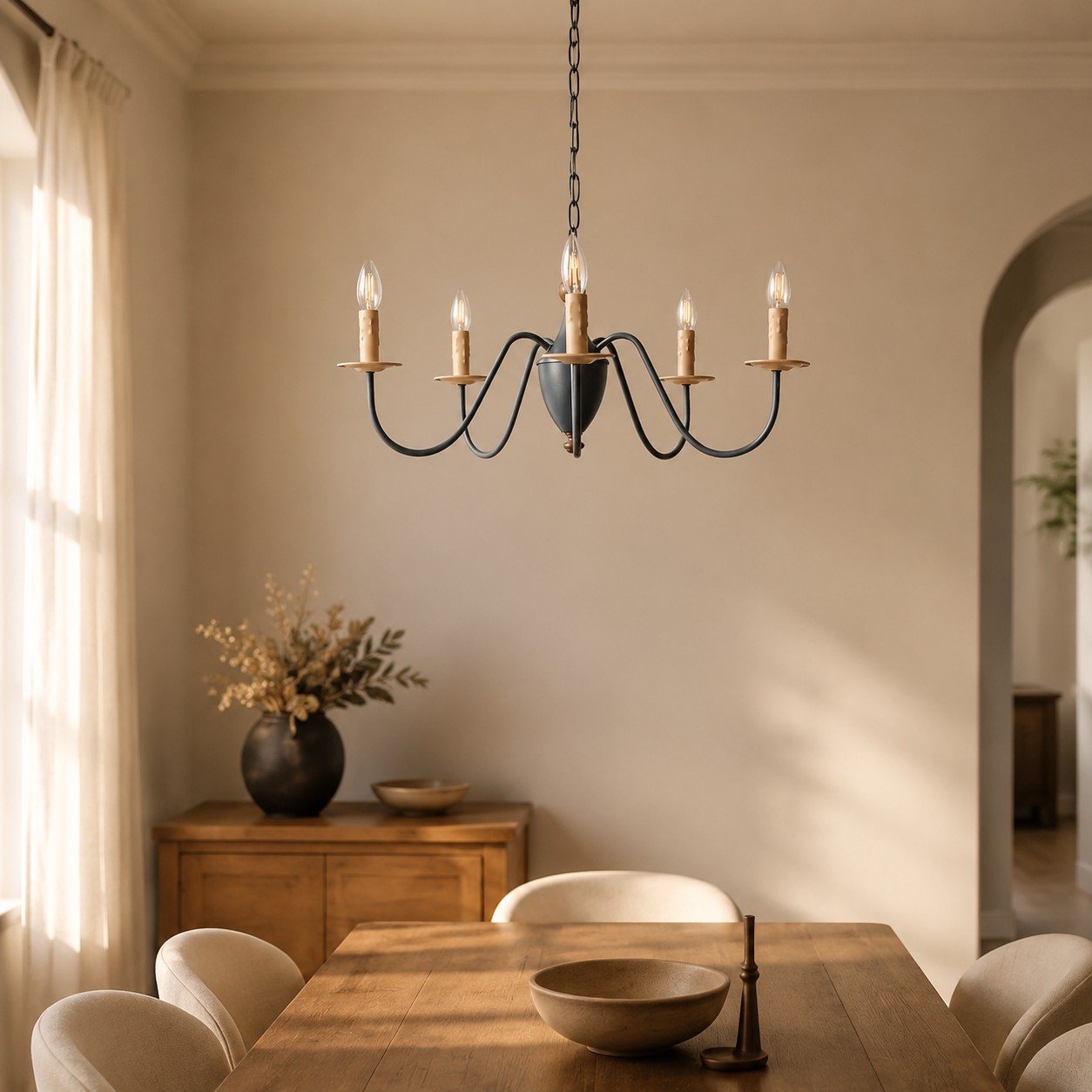 French candle chandelier above a dining table