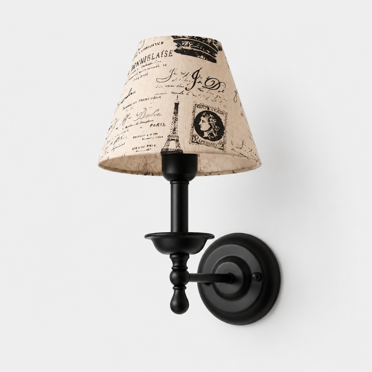 Conical shade wall sconce with wrought iron lamp stand in Paris script shade
