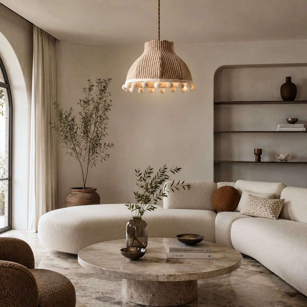 French Cream Pom Pom Fabric Pendant Light