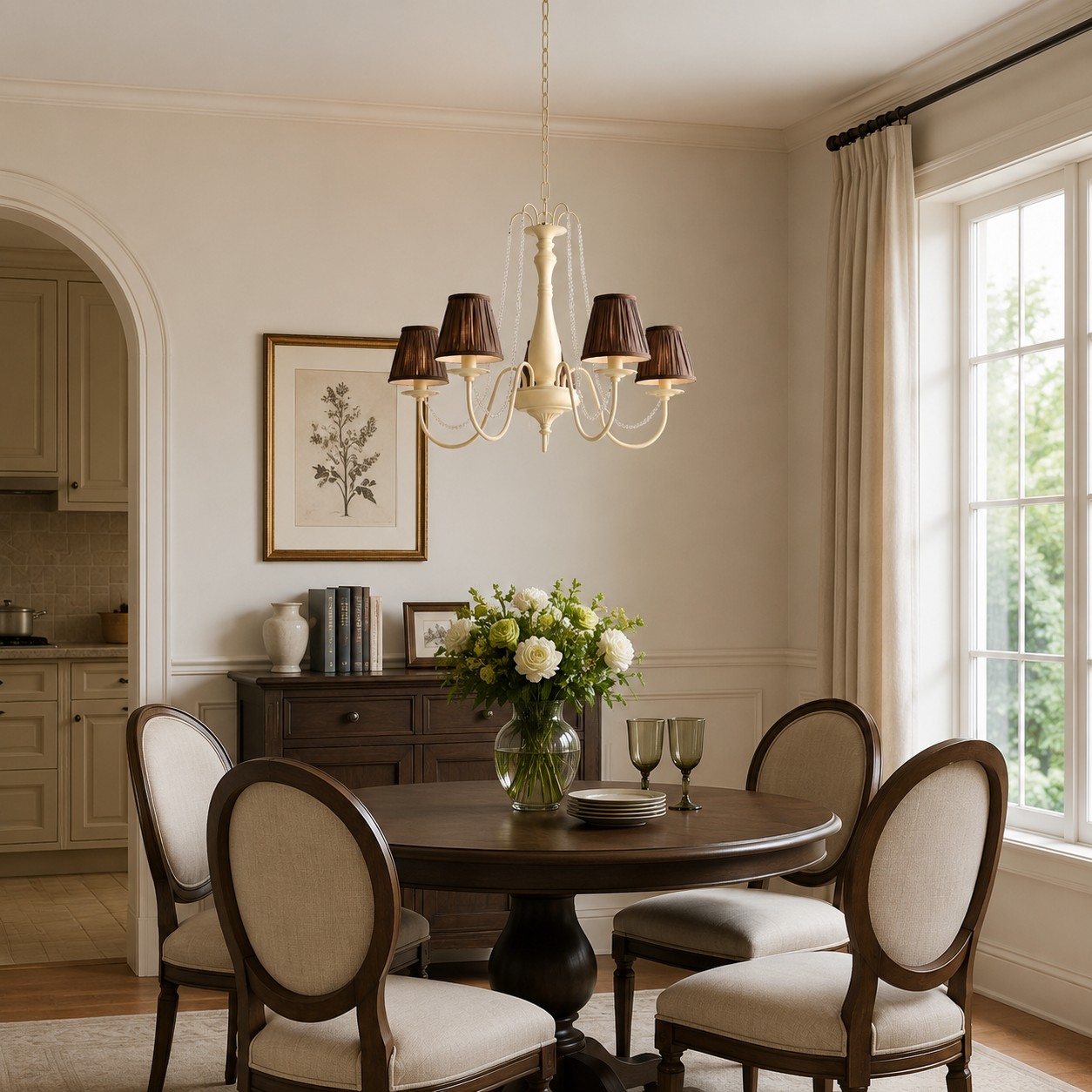 French chandelier centered above a round dining table in a neutral interior
