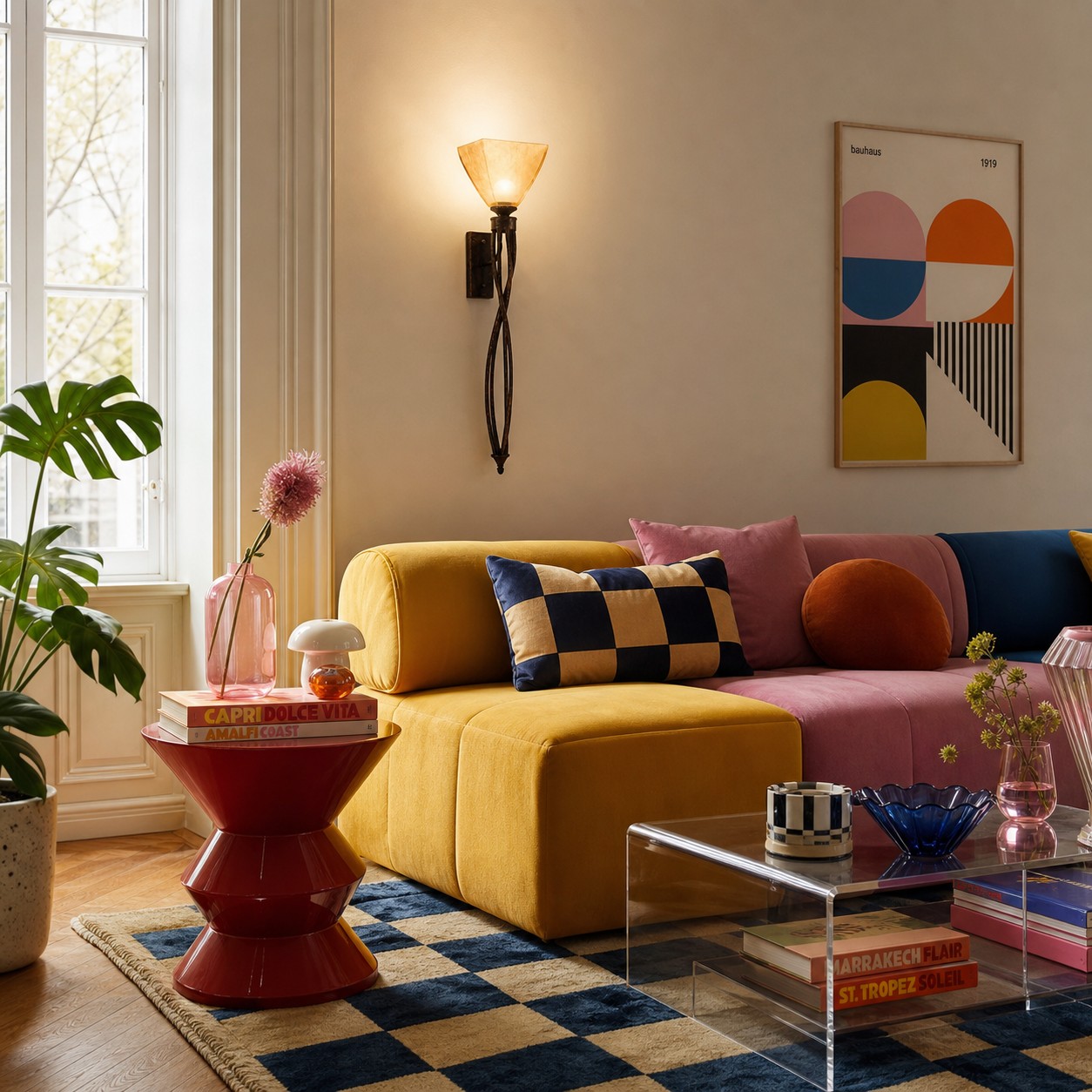 Tall amber glass wall sconce in a colorful living room