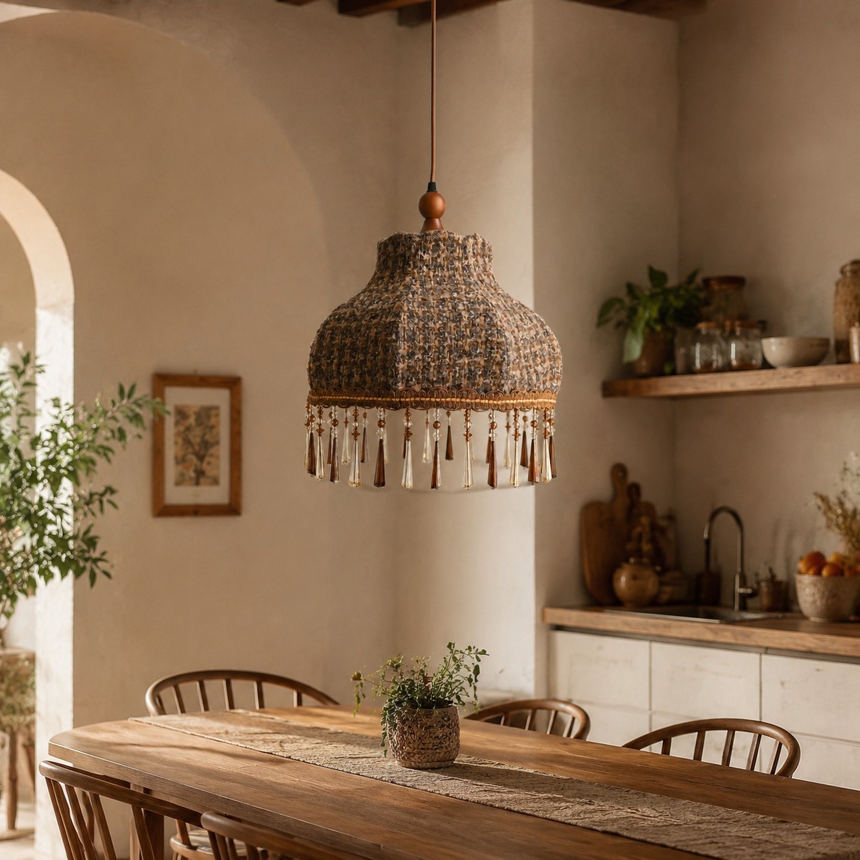 Fabric pendant lamp dining table scene