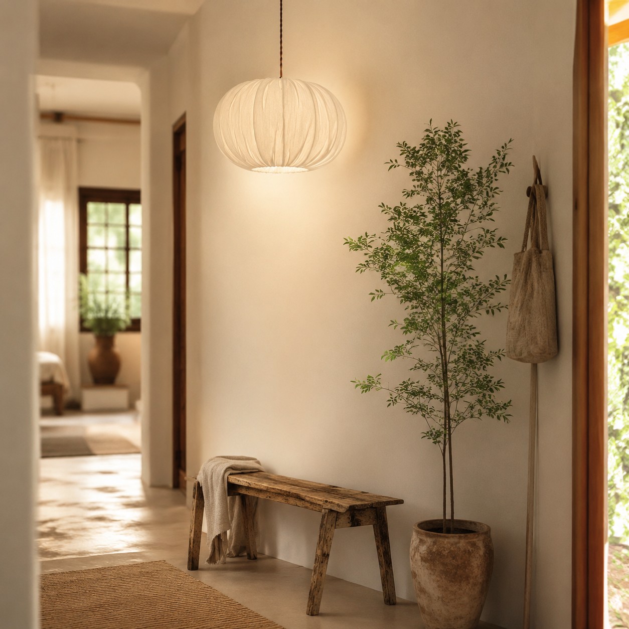 Oatmeal fabric globe pendant light in a soft hallway setting