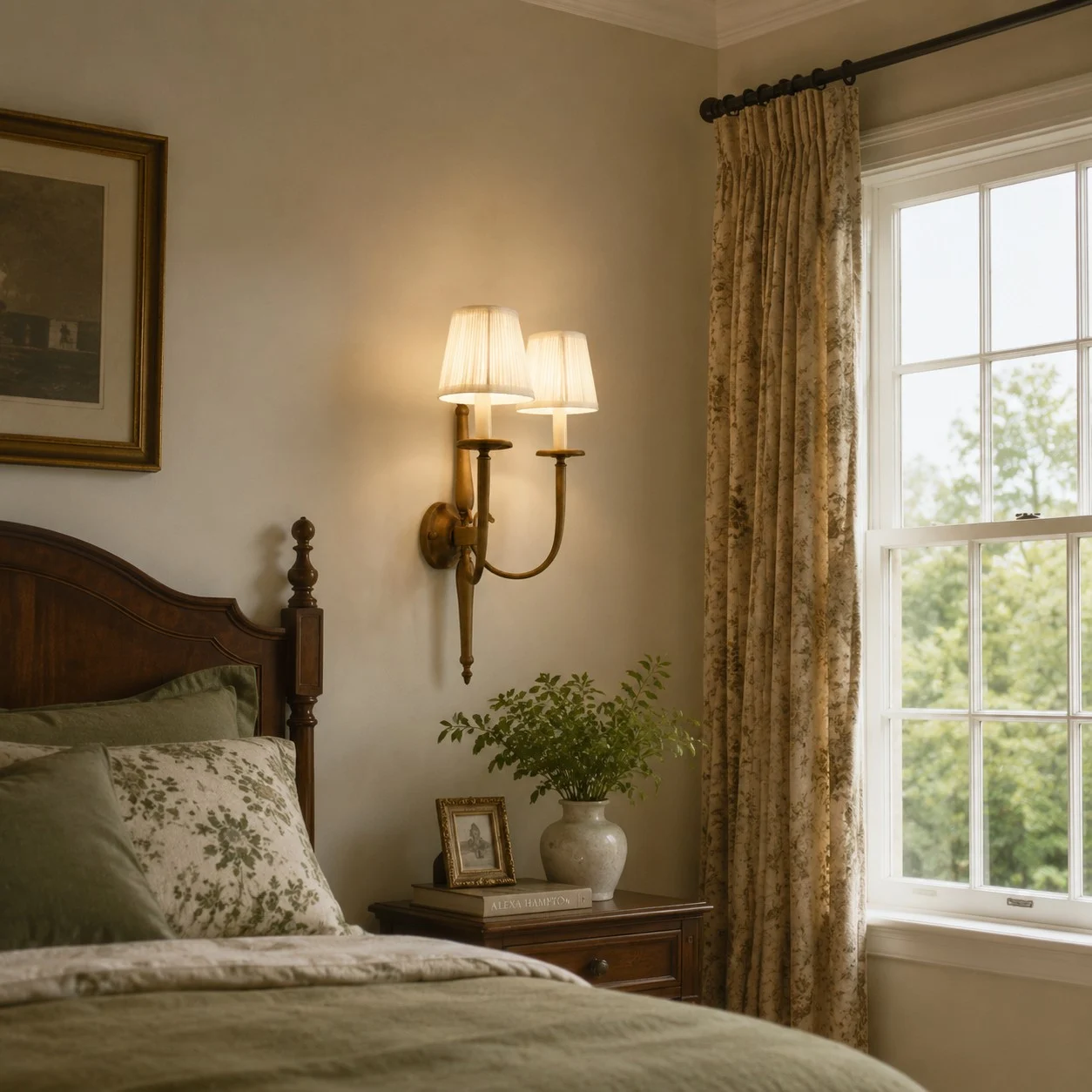 Vintage double wall sconce beside a bedroom window