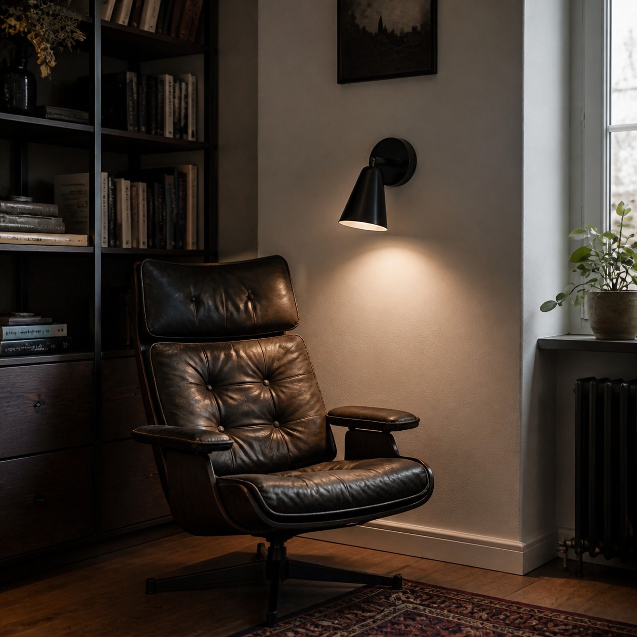 Matte black cone shade wall sconce in a reading corner