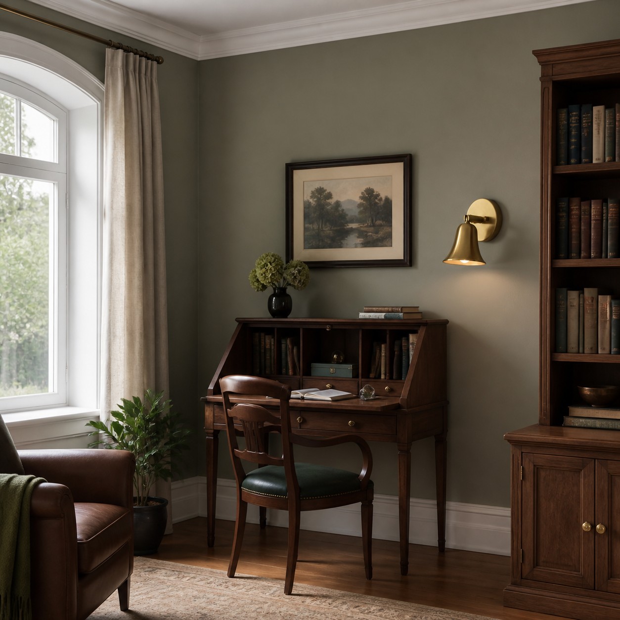 Natural brass bell shade wall sconce in a classic study