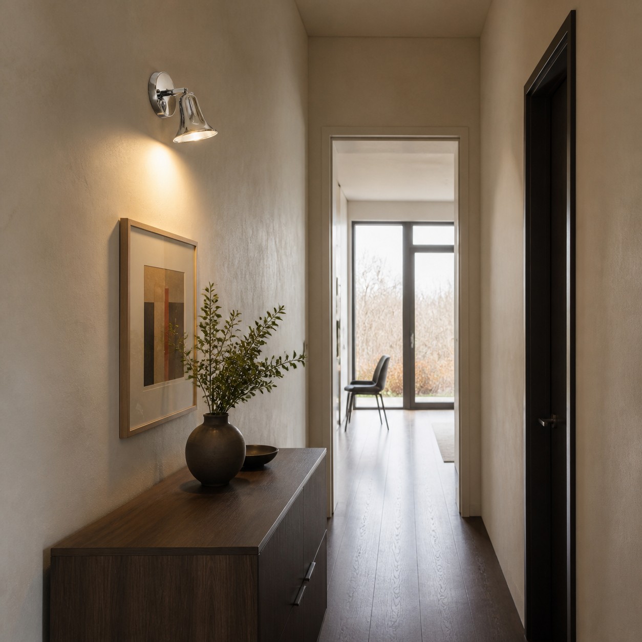 Polished chrome cone shade wall sconce in a hallway